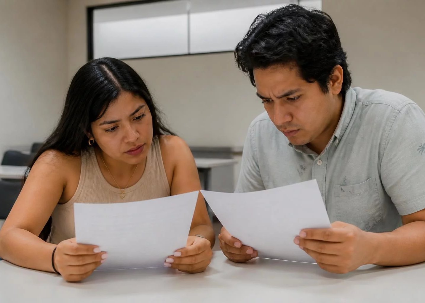 Dos personas repasando páginas impresas de argumentos