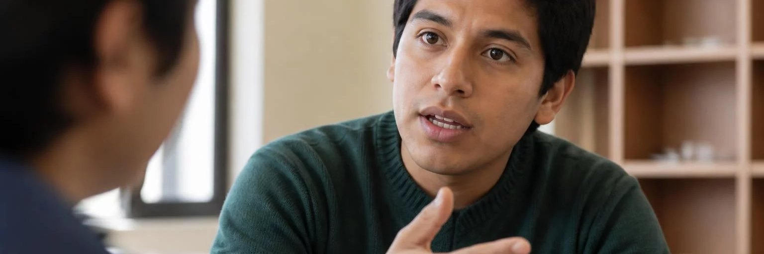 Una persona en pleno turno de palabra, con el grupo fuera de foco
