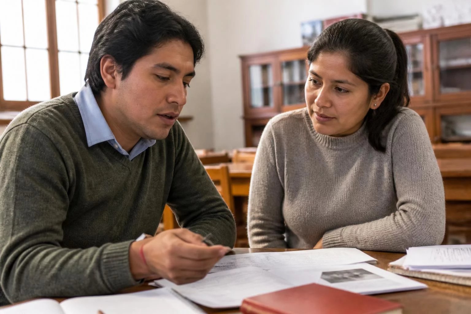 Dos personas revisando apuntes impresos sobre la mesa