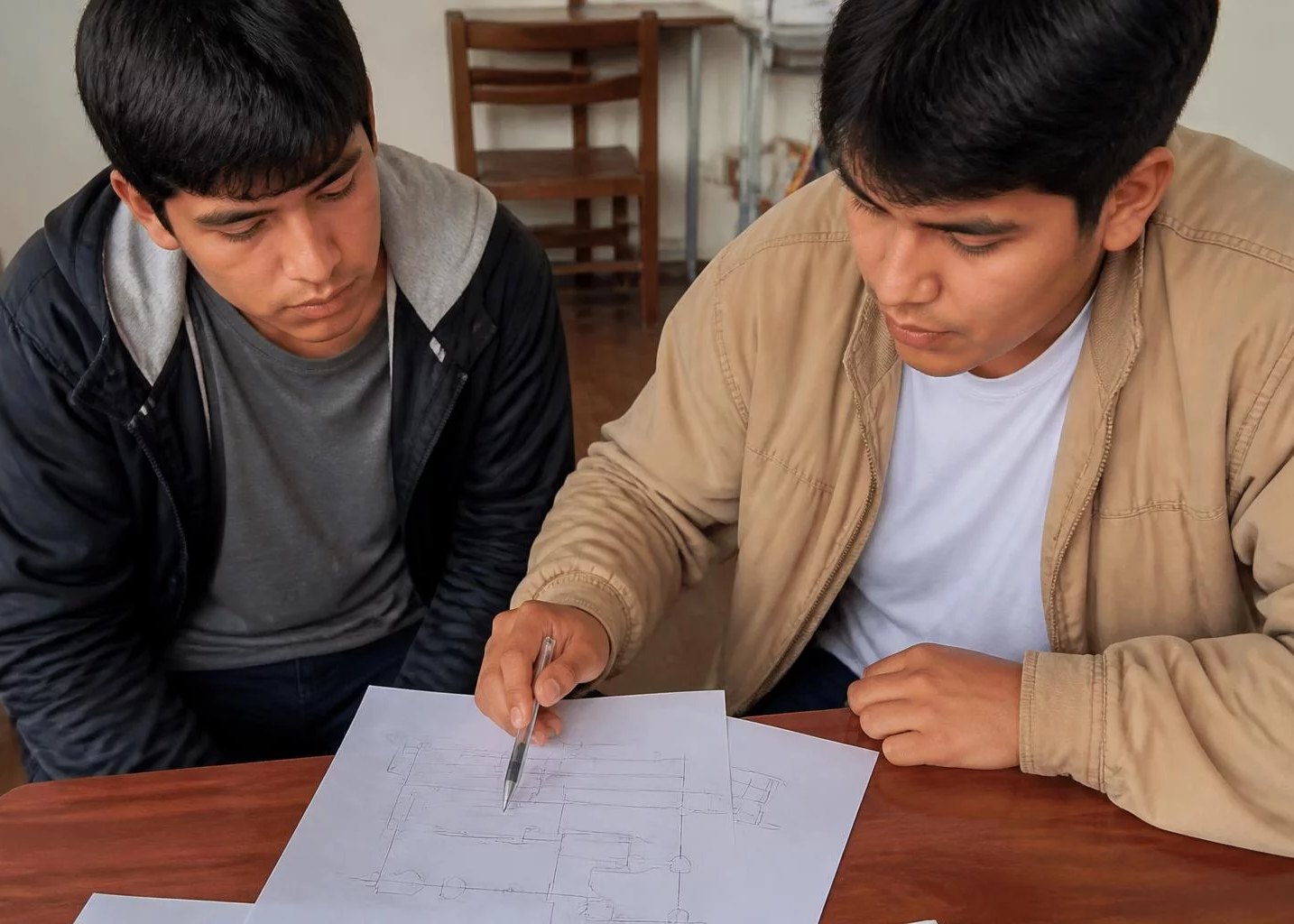 Hoja con un esquema de lógica dibujado a mano y un lapicero al lado