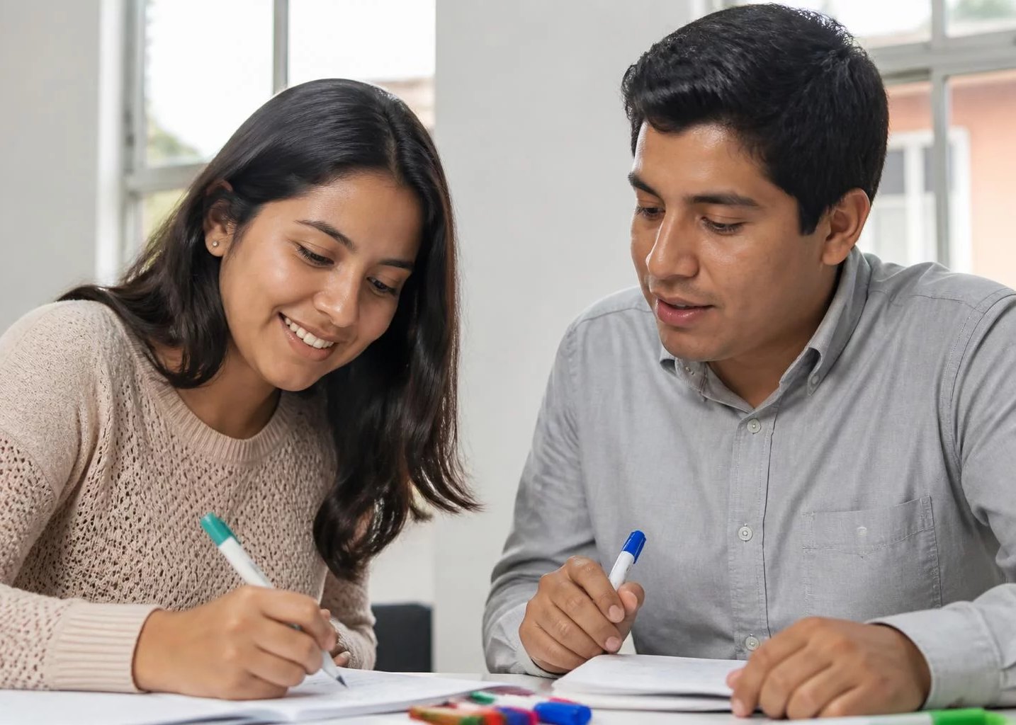 Dos personas organizando sus apuntes con plumones de colores
