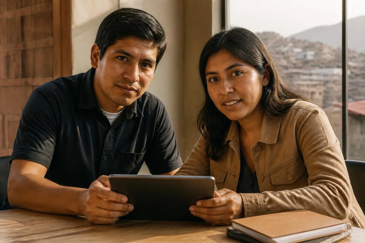 Dos colegas consultando sus notas en una tablet